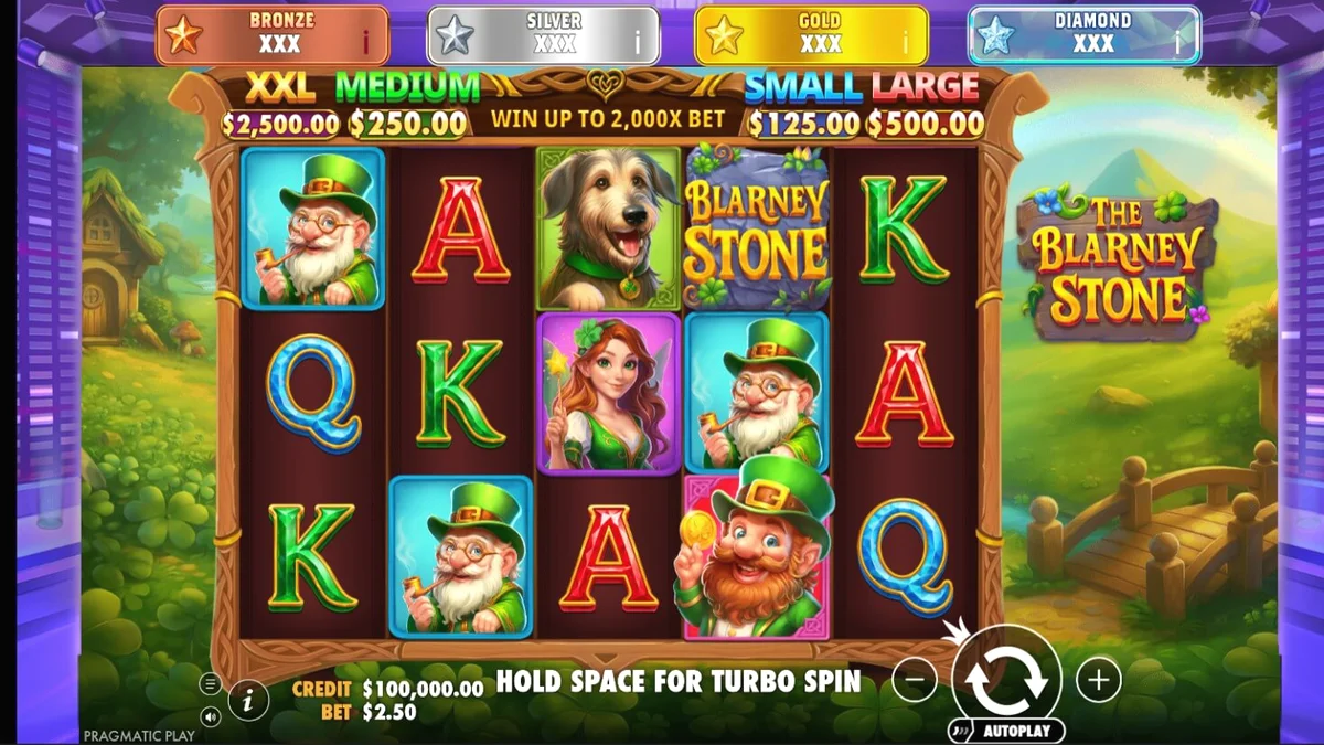 Tampilan visual slot The Blarney Stone dengan tema leprechaun dan suasana Irlandia yang magis