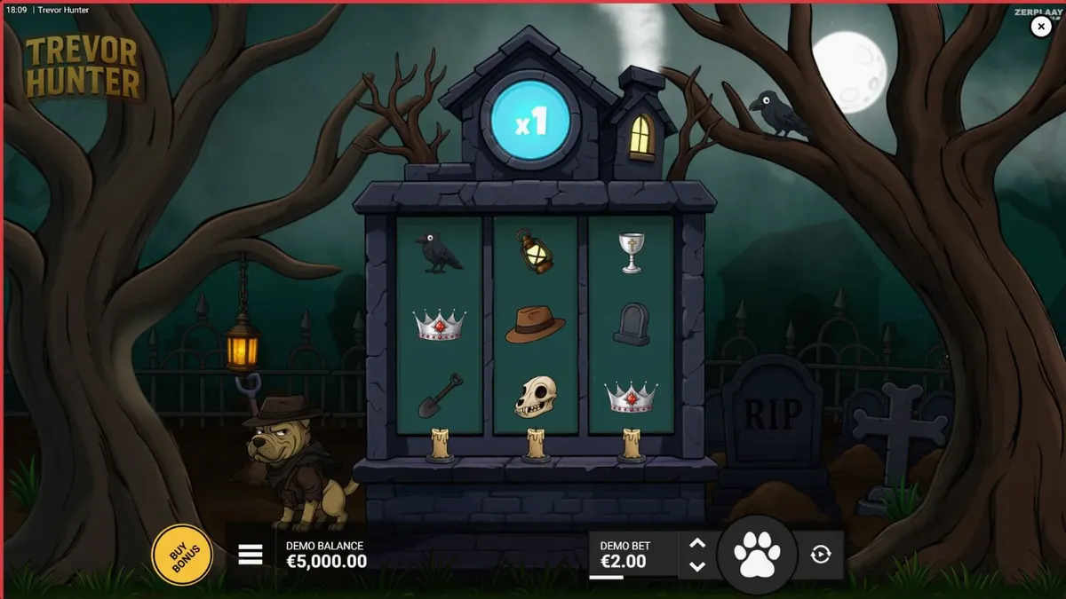 Trevor si anjing Shar Pei sedang menggali harta karun di slot Trevor Hunter